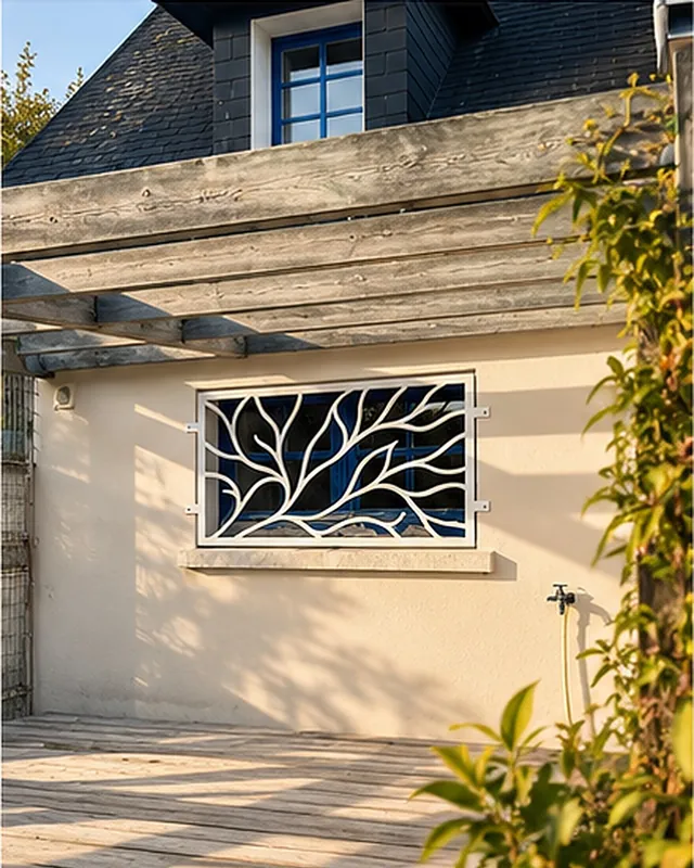 Grande grille de défense blanche à motif d'algues sous une pergola en bois, Mousterlin