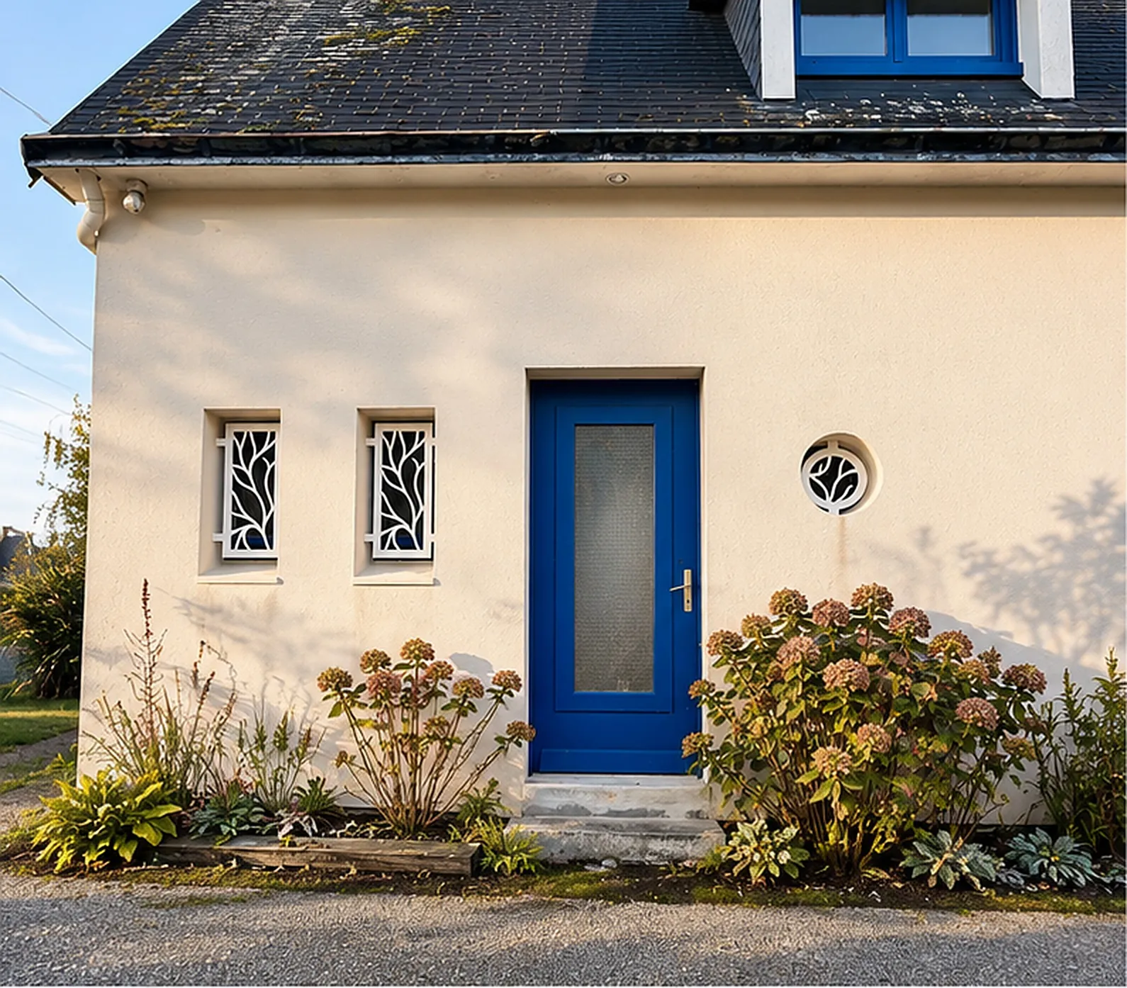 Façade bretonne côté rue avec deux grilles de défense verticales et un hublot à motif d'algues, Fouesnant
