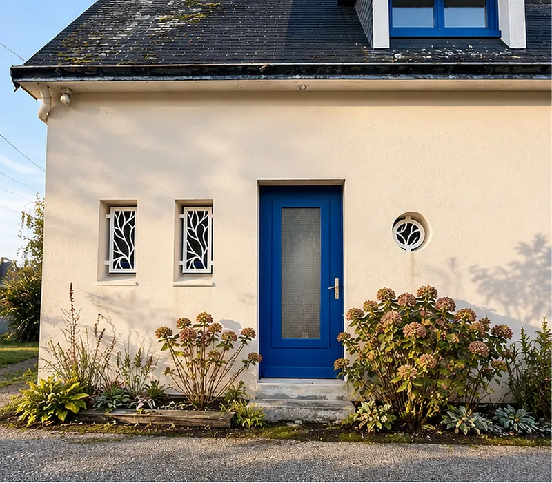 Façade bretonne côté rue avec deux grilles de défense verticales et un hublot à motif d'algues, Fouesnant