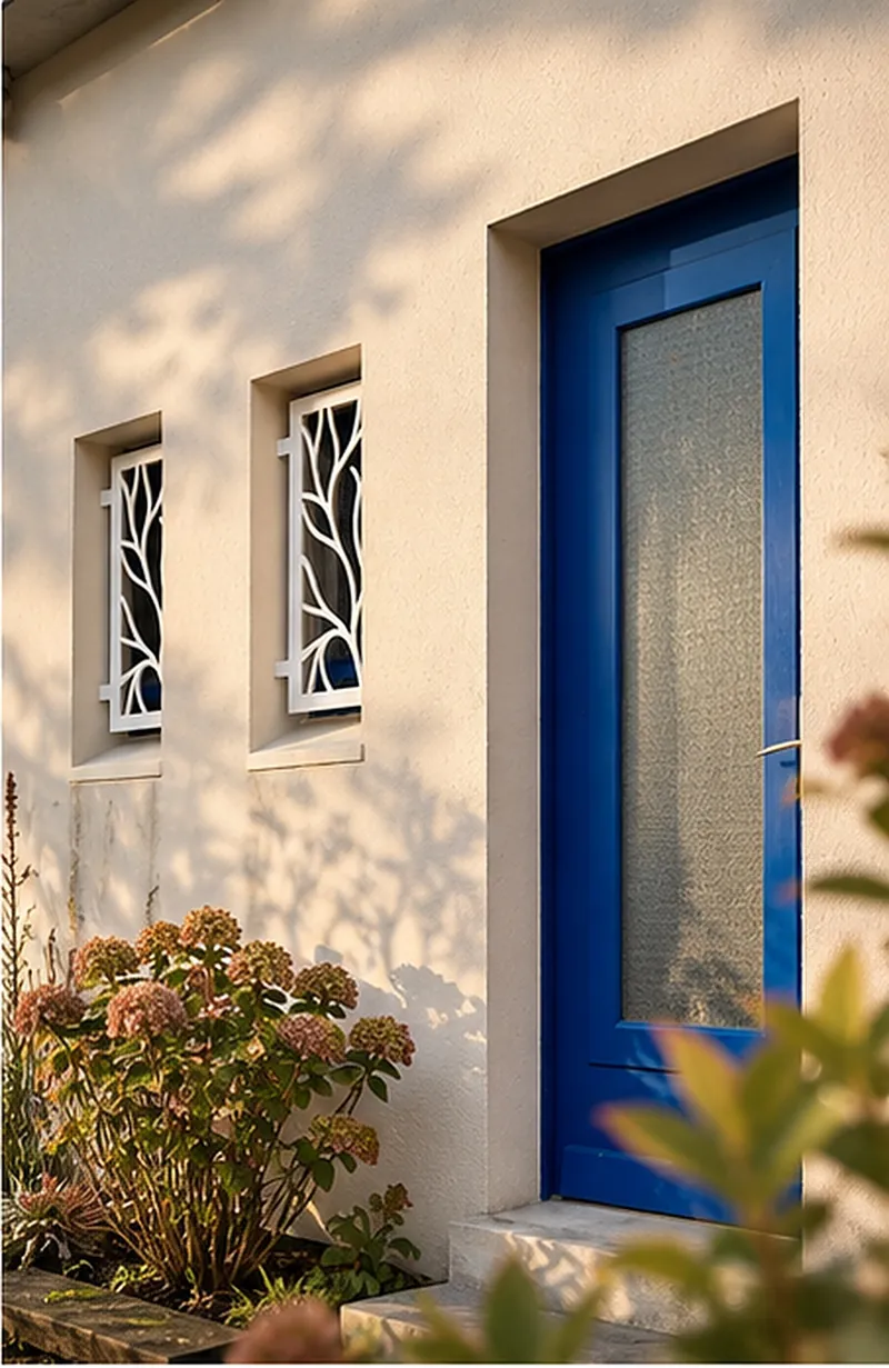 Deux grilles de défense verticales blanches à motif d'algues près d'une porte bleue