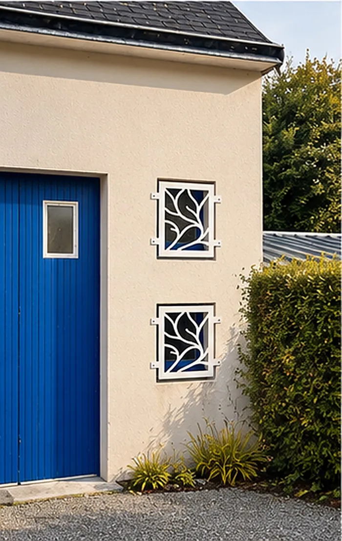 Deux grilles de défense carrées blanches RAL 9016 à côté d'une porte bleue, Fouesnant